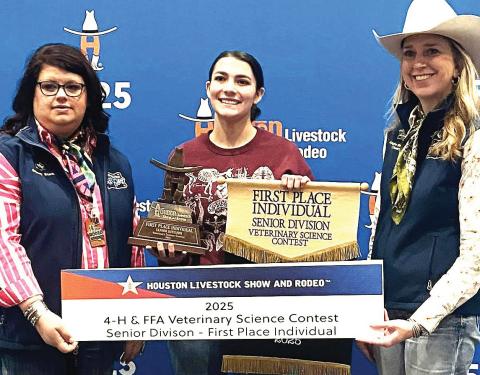 Nazareth FFA Gracie White won big at the Houston Livestock Show, competing in the Veterinary Science Contest. She earned the championship for individual high point. White has been a strong competitor in the event for the last two years. The Nazareth Veterinary Science team placed fifth overall at Houston, with other team members Michael Fulkerson and Beck Paulsen.
