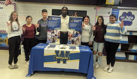 Tre Hinds from Wayland Baptist University visited with Dimmitt High School seniors and shared opportunities available at SBU.