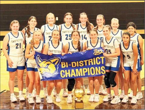 The Nazareth Swiftettes (27-6) topped Wildorado 7422 Monday night in Vega. Nazareth takes on White Deer (20-12) in the Area Round of the playoffs. They play today at 6:30 p.m. at Tascosa High School in Amarillo. (Courtesy photo)