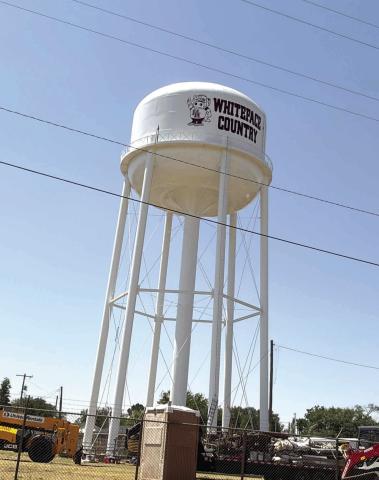 The City of Hereford water tower near Whiteface Field is sporting new repairs and a new coat of paint. The project has been underway for weeks and is nearly complete. (Brand photo)