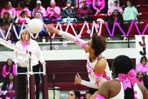 Michelle Mott hits the ball over the net