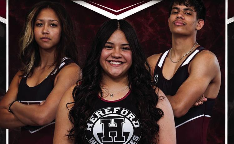 Three Hereford Wrestlers are heading to state. Hereford State Qualifiers include: Qalatre Garcia-First Place Val Porter-Second Place Janielle Hill-Fourth Place The Wrestlers will compete in Houston at the State Meet on Feb. 13-14 Go Herd!