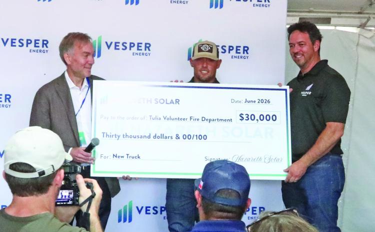 Co-CEOs Mark Rostafin and Juan Suarez presented Johnny Shelburne of the Tulia Fire Department with a $30,000 donation for the purchase of a new Command Pickup for the Tulia Fire Department.