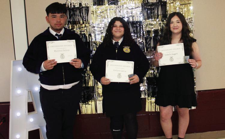 Greenhand Degrees and badges were awarded to Maximus Deleon, Evelynn Garcia, and Arabella Baggett