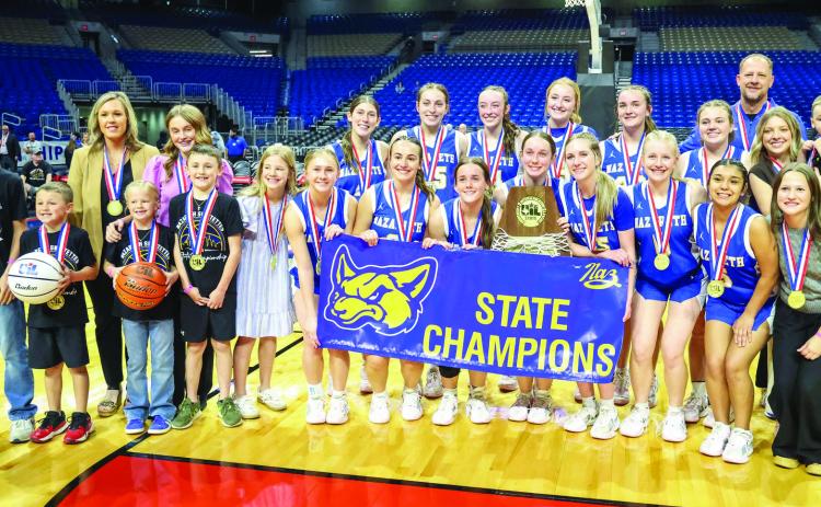 The Nazareth Swiftettes won their 27th Girls University Interscholastic League State Championship Thursday in San Antonio at the Alamodone. The Swiftettes topped Saltillo, 43-28, with Kambri Cleavinger being named championship game MVP. (Courtesy photo)