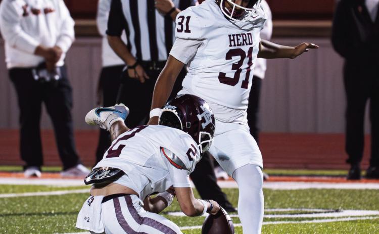 Pedro Garcia attempts a kick for Hereford during the 2025 football season. (Courtesy photo)