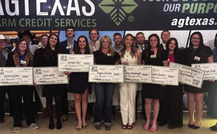 Front row, from left: Reggie Underwood (AgTexas Chairman of the Board), Addison Butler, Gracie White, Addilyn Reed, Payton Schuster, Kinley Shieldknight, Brandis Beavers, Brynnley Ensey, Cambryn Gratz, and Kayla Robinson, AgTexas CEO; (back row, from left) Hugh Britten, Ethan Spinhirne, Rett Wann, Jackson Sinclair, Samuel Weineimer, Johan Grotegut and Josef Grotegut.