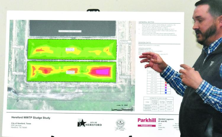 ALL SLUDGED UP--Troy Luedeker, Parkhill engineer, uses large display placards that illustrate the sludge-impaired nature of lagoons at the present-day Hereford Wastewater Treatment Plant during the March 2 City Commission meeting. Luedeker explained the city would incur huge expense clearing out and disposing of the sludge, only to incur the same problem again down the road. (Photo by Jim Steiert