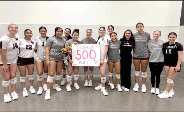 Lady Whiteface Teagan Thomas earned her 500th volleyball kill last weekend in the Farmersville Tournament. On Thursday, Aug. 20 the Lady Whitefaces topped Pleasant Grove, Gunter and Central Heights. Friday, Aug. 21 the Lady Herd beat Canton and Clyde but lost to Springtown. Their impressive first two days in the tournament placed them in the Gold Bracket for Saturday where they lost to Van Alstyne and Springtown. This week Hereford traveled to Midland Lee and then play in the Frenship Tournament Aug. 28-29.