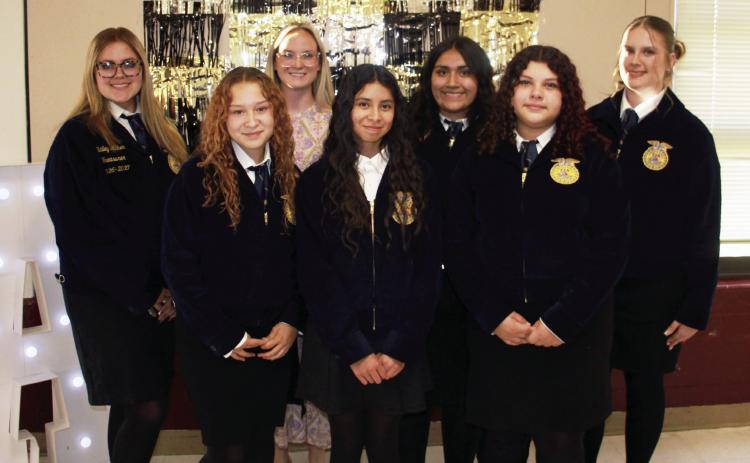 The 2026-2027officer team with Ms. Luedtke - Bailey Acker, Alezah Flores, Ms. Luedtke, Yoslaydy Briones, Mattalee Alvarez, Evelynn Garcia, and Skilee Cargill