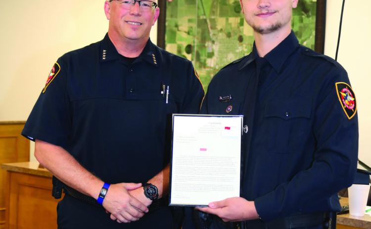 Tulia Police Chief Paul Brown presented Officer Carson Kisselburg with a Life Saving Award for his actions during the explosion on August 4, 2026.